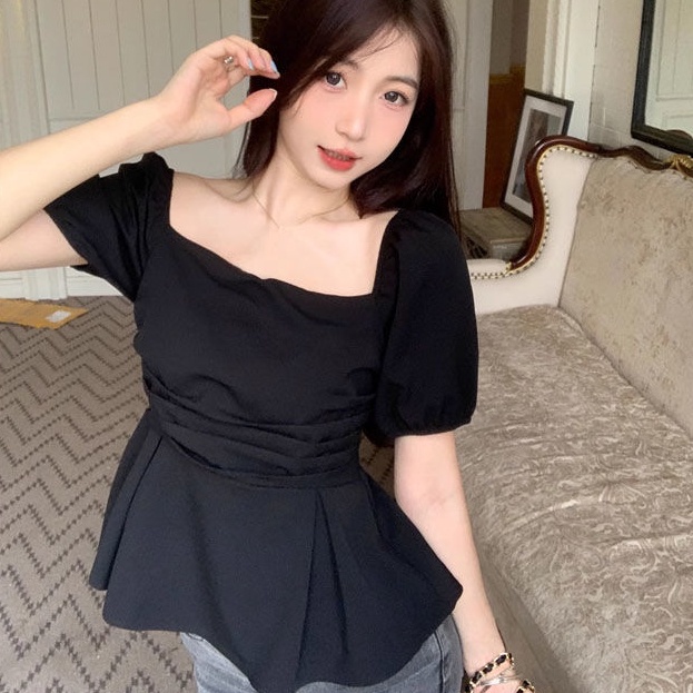 Áo Sơ Mi Ngắn Cổ Vuông Ôm Eo Phong Cách Pháp Thời Trang Cho Nữ