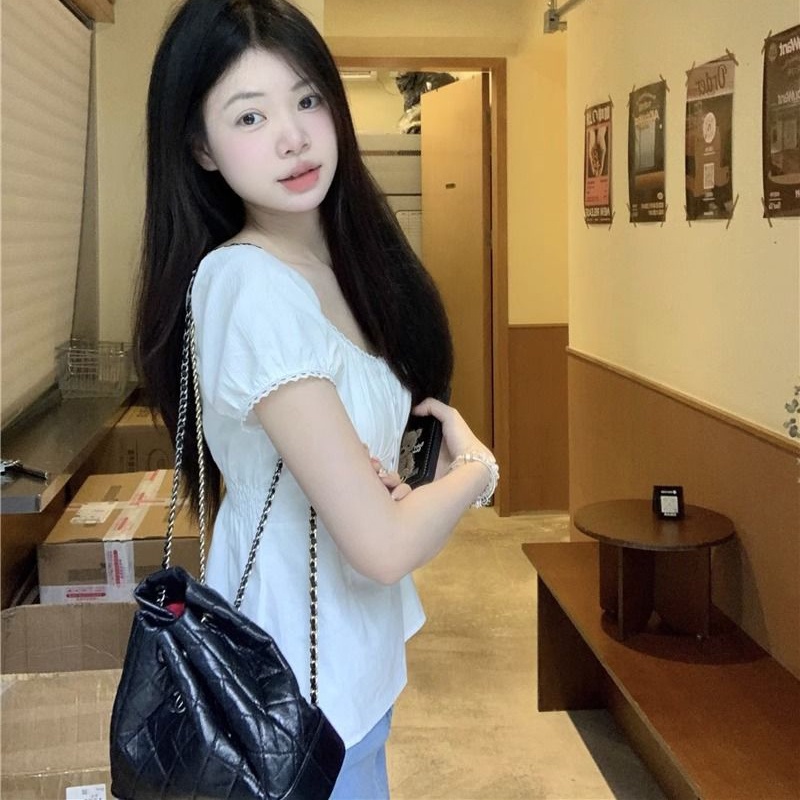 Áo Kiểu Tay Phồng Ngắn Eo Ôm Thời Trang Thanh Lịch Dành Cho Nữ