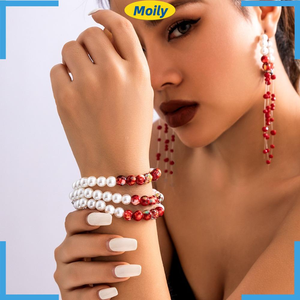 MOILYVN Vòng Tay Xỏ Hạt Resin Ba Lớp Màu Đỏ Cá Tính Phong Cách Gothic Cho Nữ