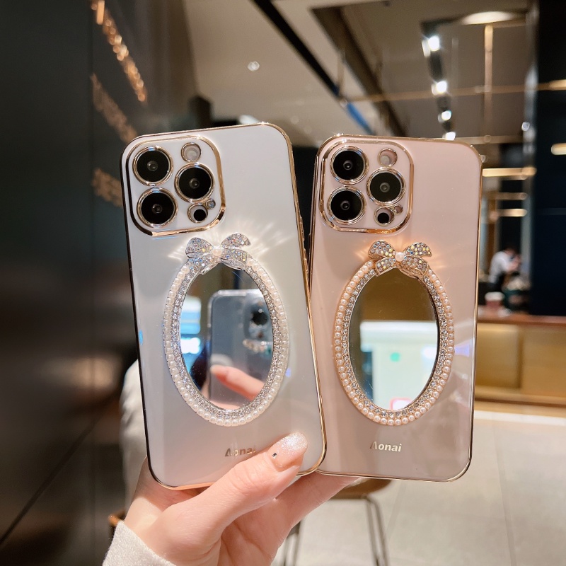 Ốp Điện Thoại Tráng Gương Mạ Điện Hình Nơ Cho IPhone 14 13 12 11 Pro Max Plus X XR XS Max 6 6S 7 8 Plus