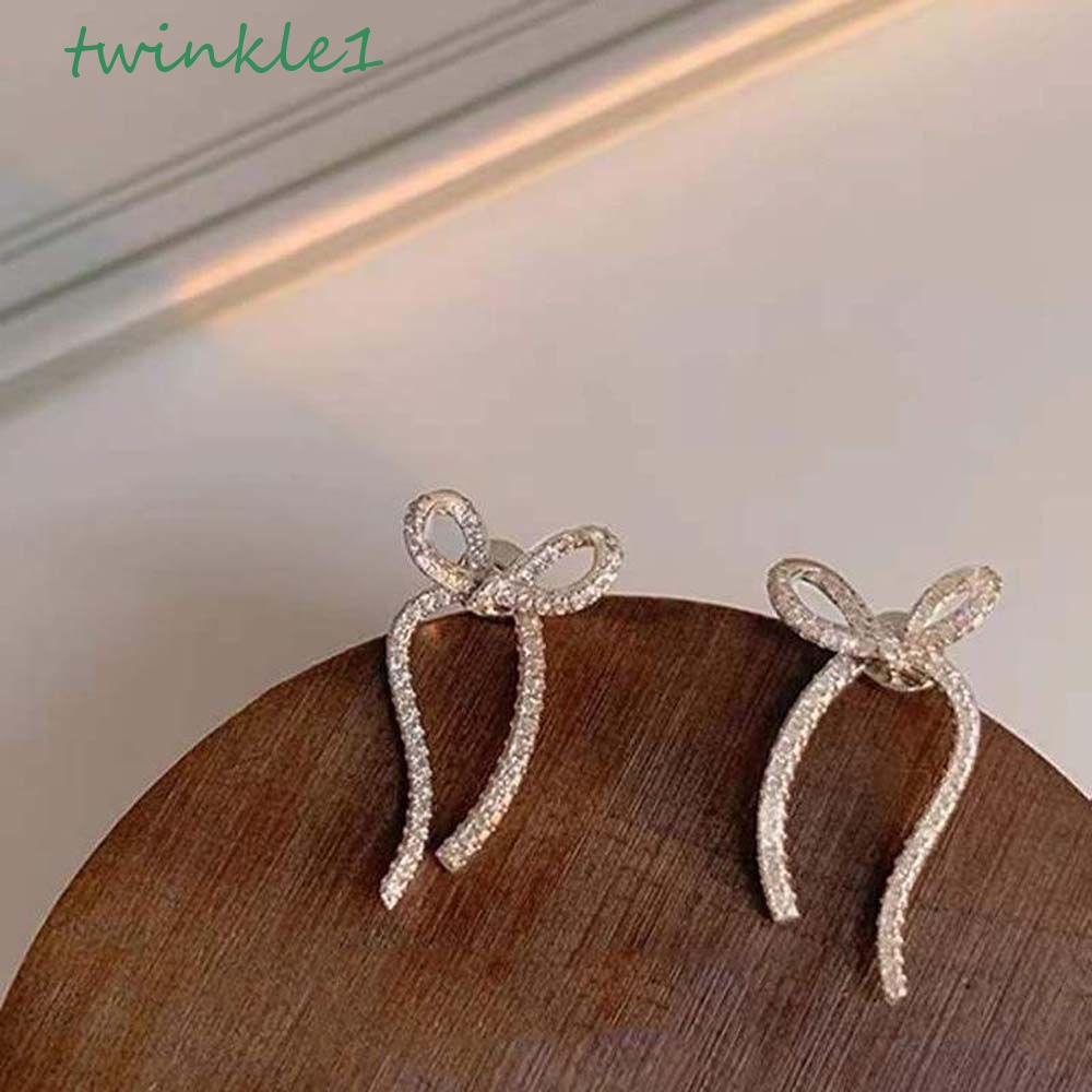 TWINKLE Đôi Khuyên Tai Nơ Dáng Dài Đính Đá Zircon Thời Trang Cho Nữ