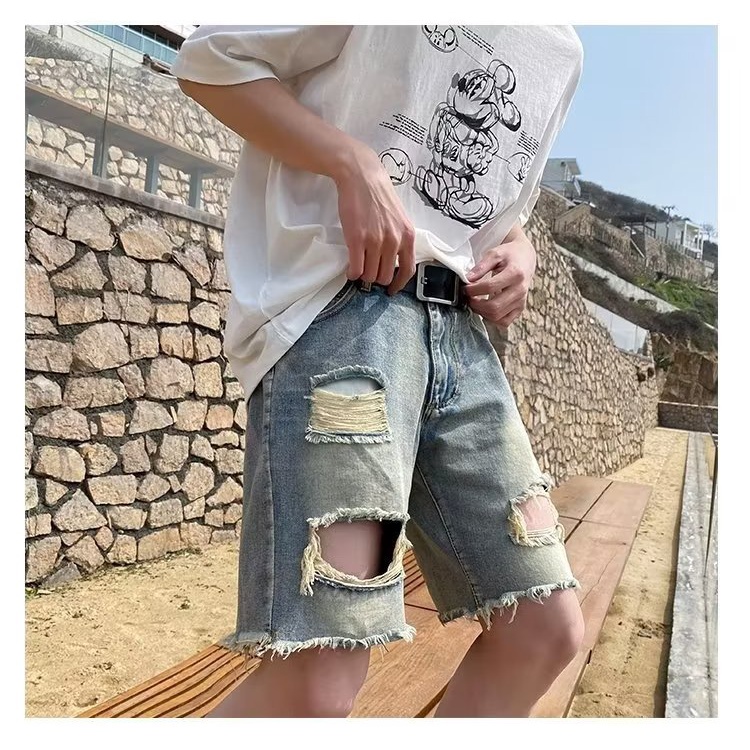 Quần Short Denim Phối Rách Thời Trang Đường Phố Mùa Hè Cho Nam