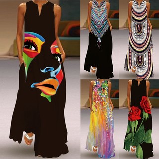 Đầm maxi dáng chữ a in họa tiết phong cách boho thời trang mùa hè cho nữ