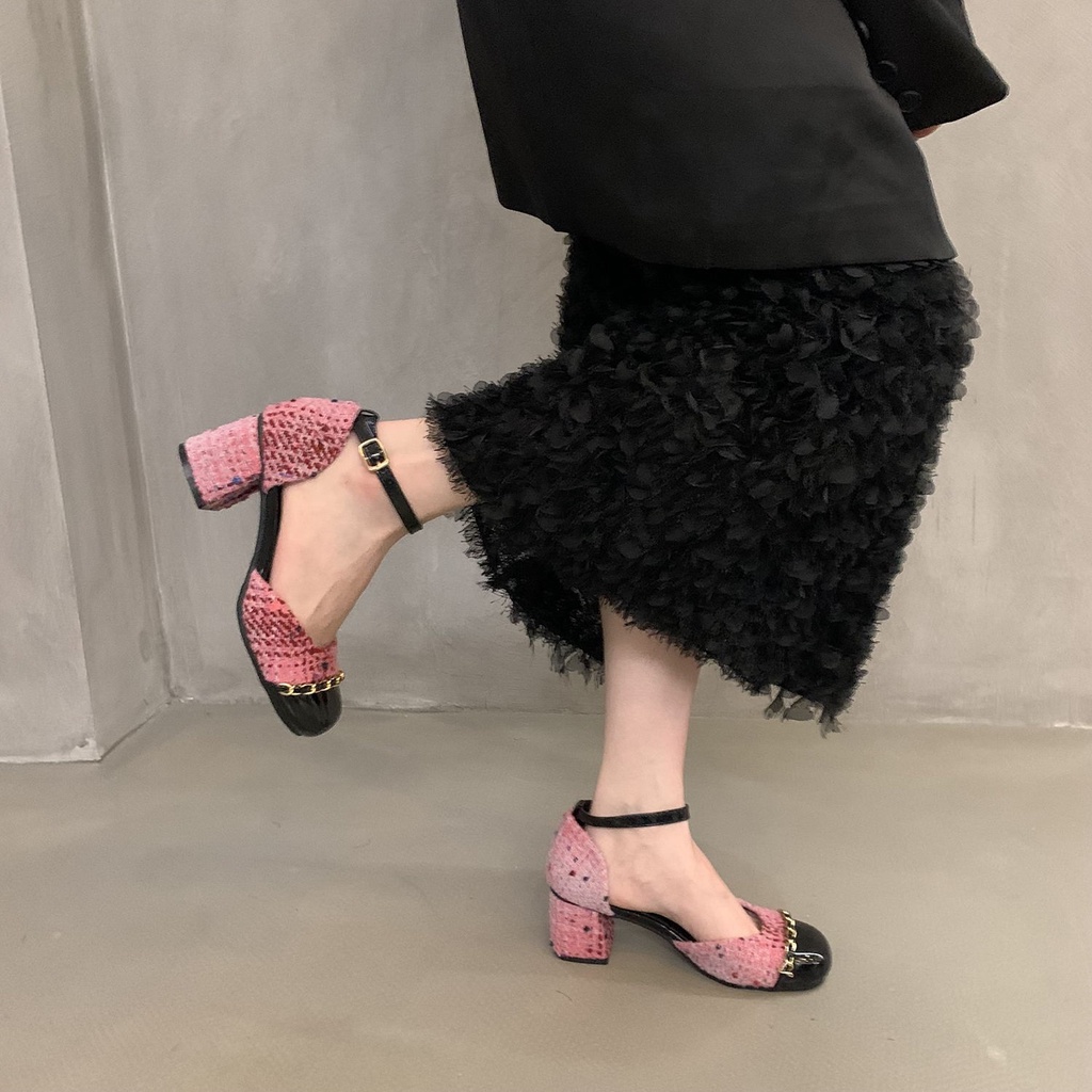 Giày Sandal Cao Gót Vải Len Đế Thô Cài Khóa Thời Trang 2023 Dành Cho Nữ