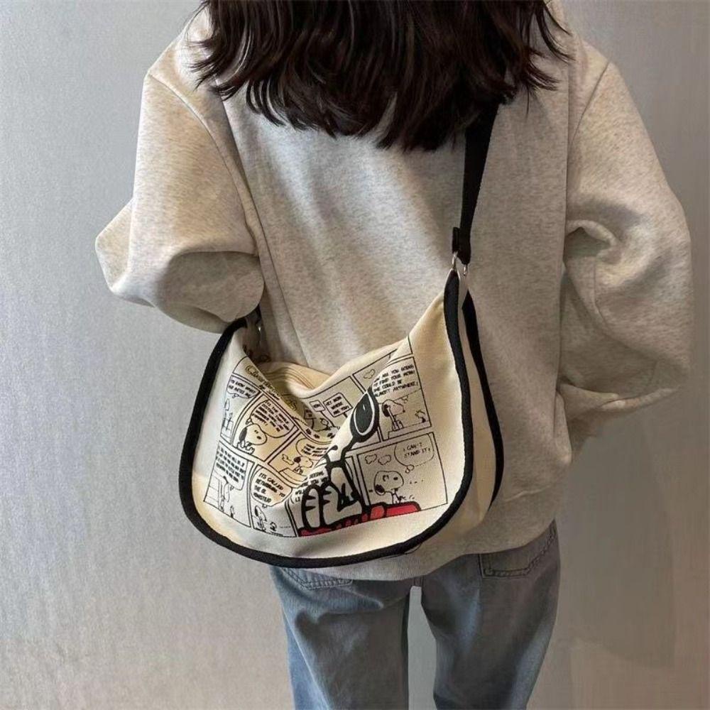 LOMBARD Túi Đeo Vai Vải Canvas In Hoạt Hình Snoopy Kiểu Hàn Quốc Dễ Phối Đồ