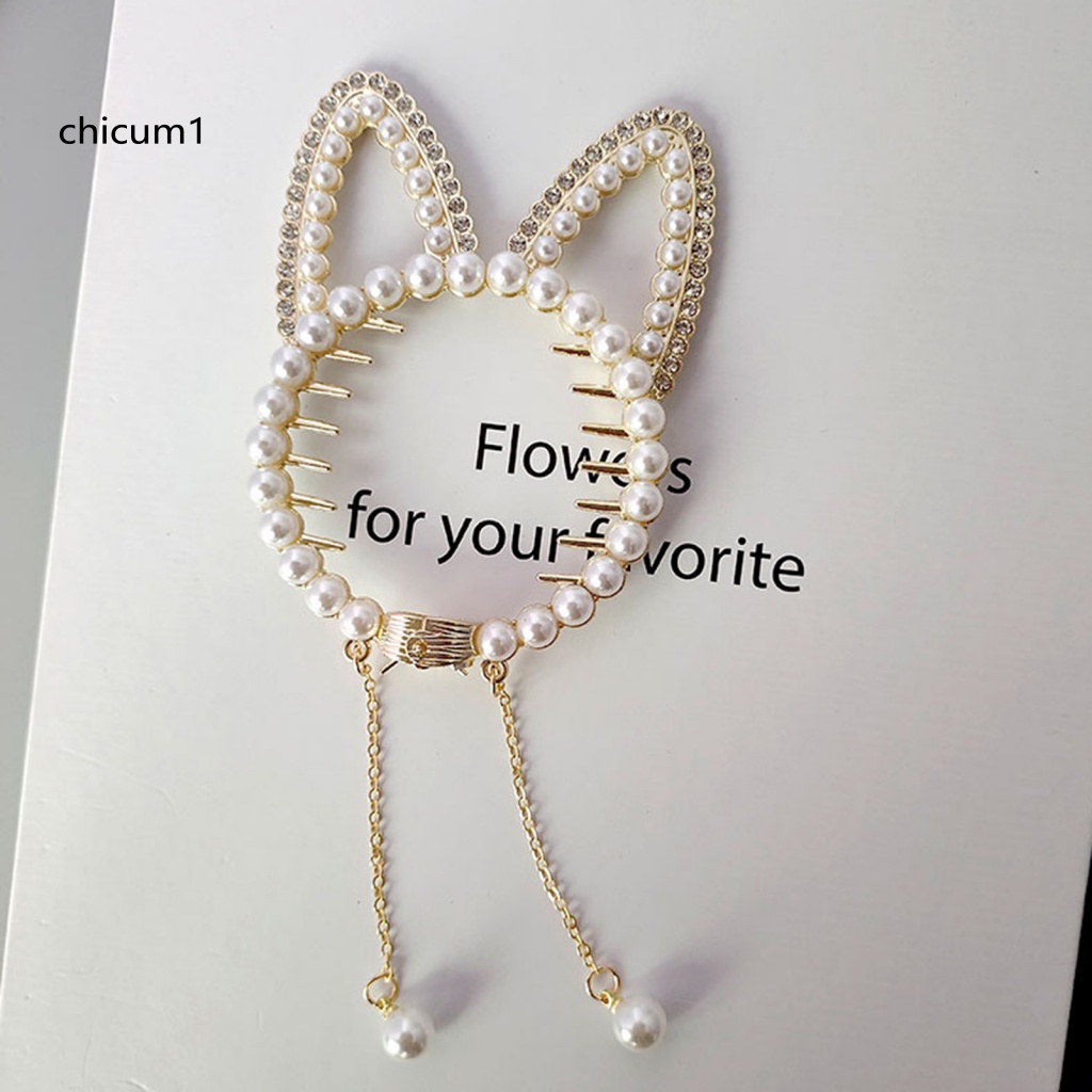 Kẹp Tóc Hình Tai Mèo Đính Đá Và Ngọc Trai Giả Lấp Lánh Thời Trang Cho Nữ