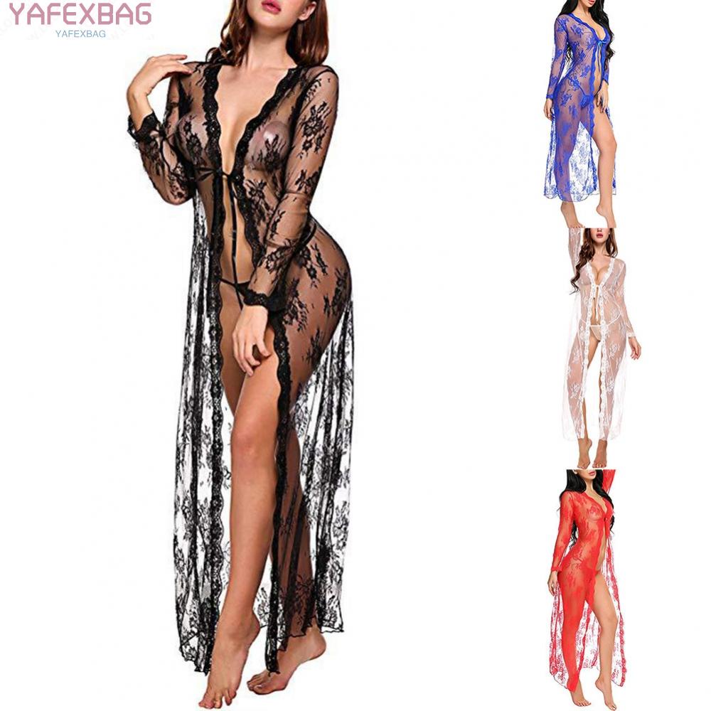 Women Sexy Lingerie Long Lace Dress Sheer See Through Kimono Robe Nightgown