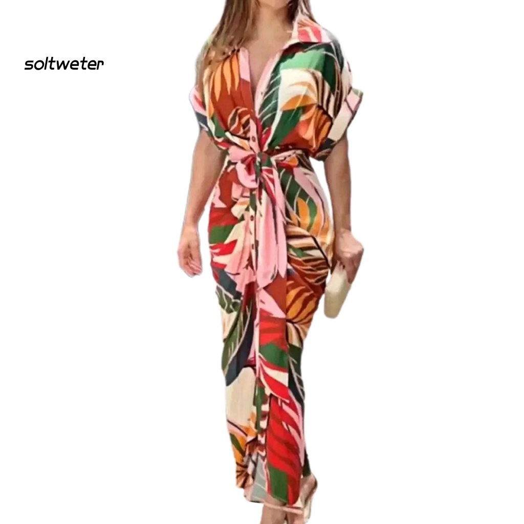 Đầm Sơ Mi Tay Ngắn Cổ Chữ V Eo Cao In Họa Tiết Lá Cây Nhiều Màu Sắc