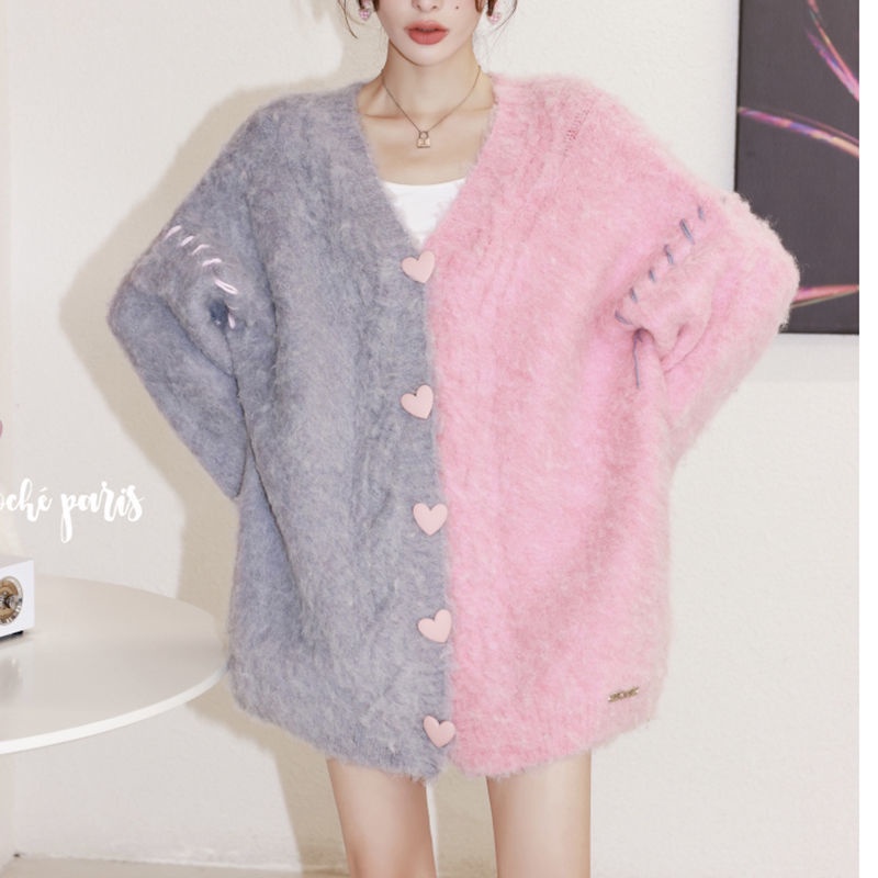 Áo Khoác Cardigan Dệt Kim Dáng Rộng Cài Khuy Hình Trái Tim Màu Sắc Xinh Xắn Cho Nữ