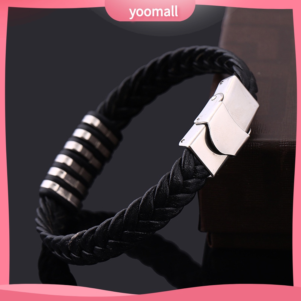 Vòng Tay Giả Da Với Mặt Thép Titan Phong Cách Punk Cho Nam