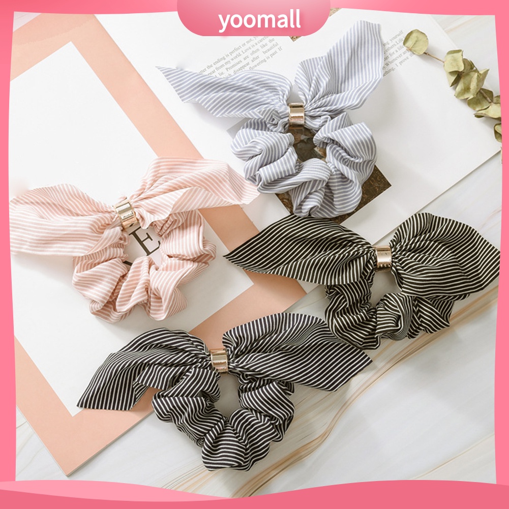 Dây Cột Tóc Đuôi Ngựa Co Giãn Hình Tai Thỏ Họa Tiết Kẻ Sọc Cho Nữ