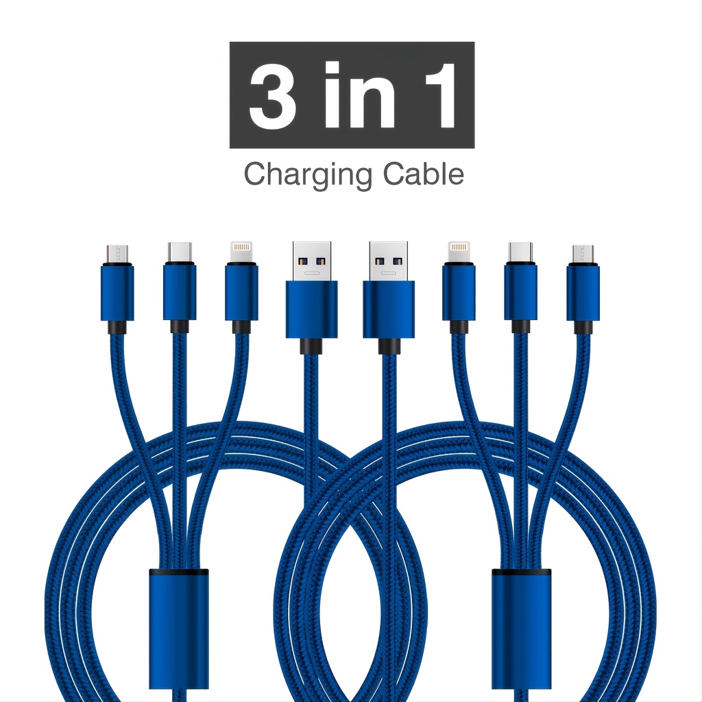 Cáp sạc đa năng màu xanh, 10ft 2 gói Cáp sạc đa năng bện Nylon nhiều cáp USB Bộ chuyển đổi dây sạc 3 trong 1 đa năng với đầu nối cổng Micro USB Type-C