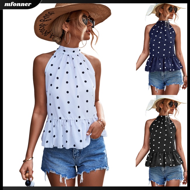 Áo Tank Top Không Tay Dáng Rộng Họa Tiết Chấm Bi Phối Dây Cột Sau Lưng Gợi Cảm Cho Bạn Gái