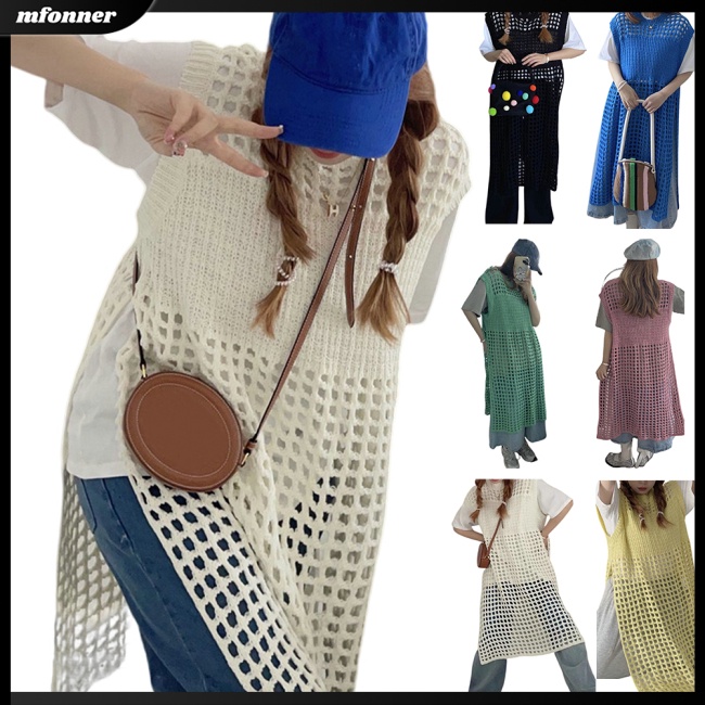 Đầm Dài Dệt Kim Sát Nách Cổ Tròn Màu Sắc Đơn Giản Cho Nữ