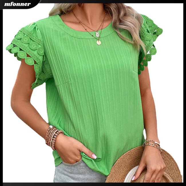 Áo Thun Nữ Tay Ngắn Cổ Tròn Phối Ren Màu Sắc Ngọt Ngào