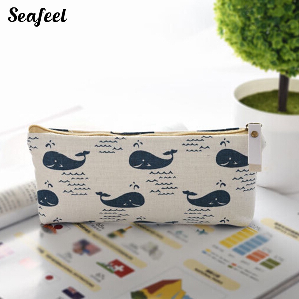 Túi Đựng Bút Bằng Vải Lanh Cotton Họa Tiết Cá Voi Gấu Hoạt Hình Dễ Thương