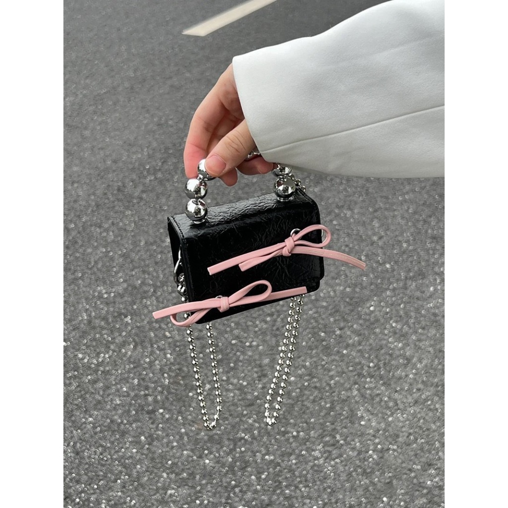 Túi xách mini nữ cầm tay phối nơ thời trang kèm dây xích dài đeo chéo tiểu thư