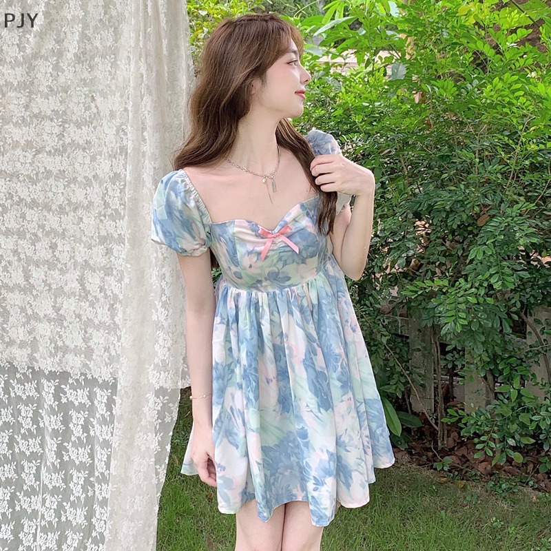 Pjy Đầm Chữ A Tay Ngắn Phồng Đính Nơ Nhẹ Nhàng Kiểu Pháp Thời Trang Mùa Hè Cho Nữ PJ