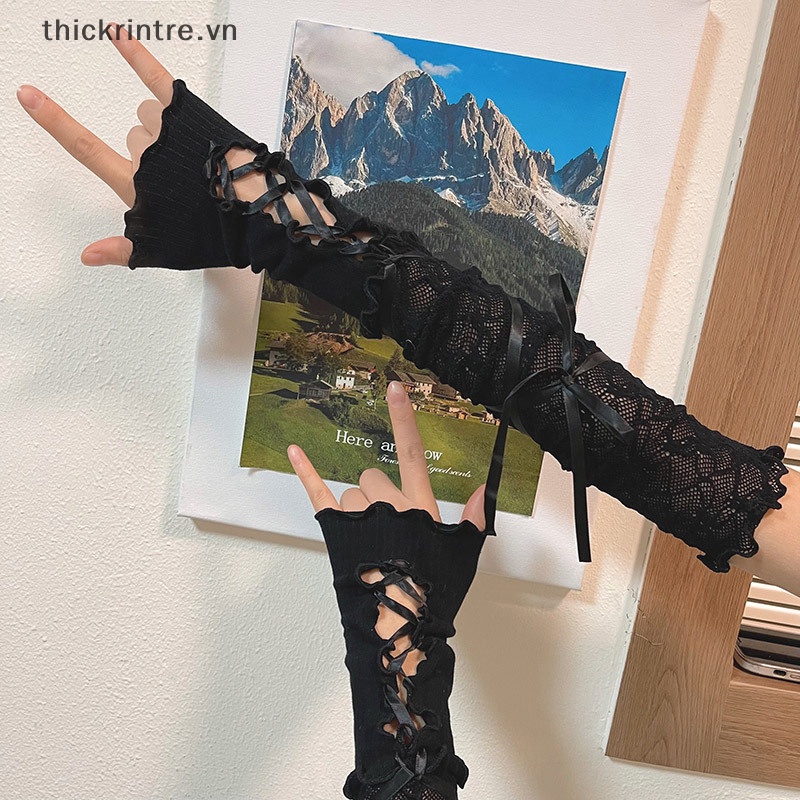 Găng Tay Lưới Ren Co Giãn Hở Ngón Màu Đen Phong Cách Gothic Punk Cho Nữ DIY