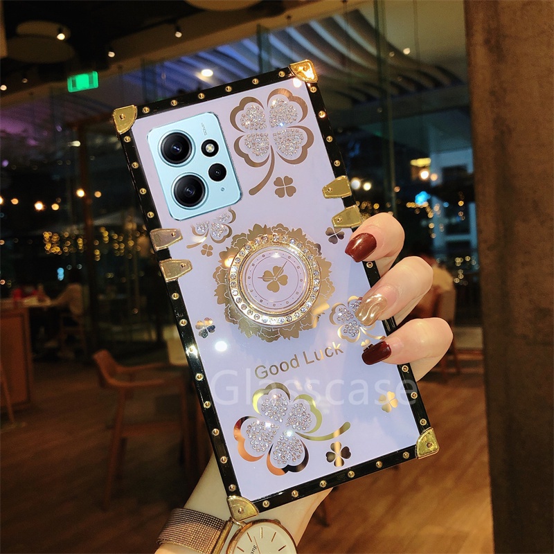 Ốp Điện Thoại Hình Cỏ Ba Lá Đính Đá Gắn Nhẫn Đỡ Cho Xiaomi Redmi Note 12 Pro 12Pro Note12 Note12Pro 4G 5G 2023