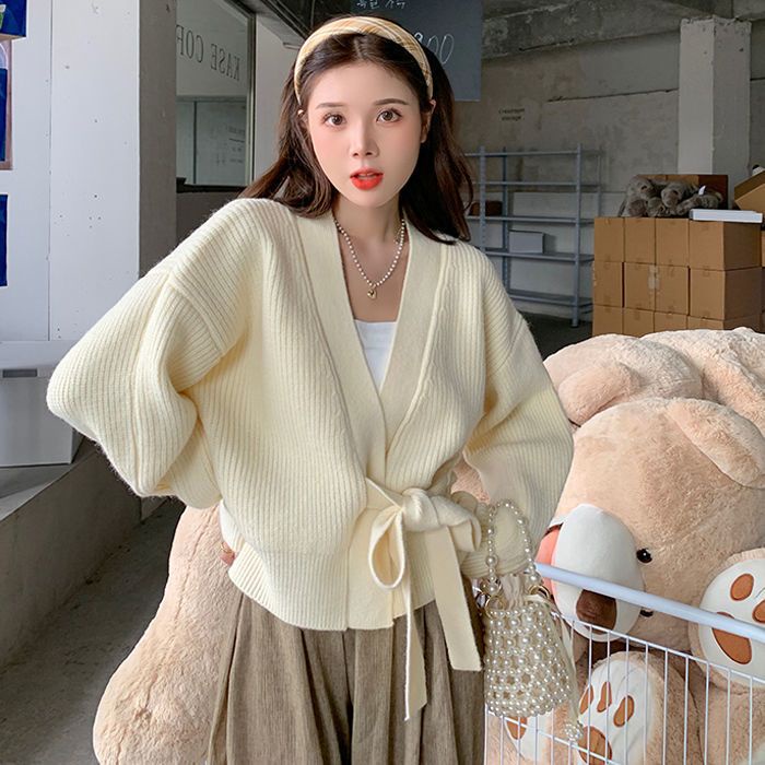 Áo Khoác Cardigan Dệt Kim Tay Dài Cổ Chữ V Phối Nơ Thiết Kế Mới Thời Trang Mùa Thu Dành Cho Nữ