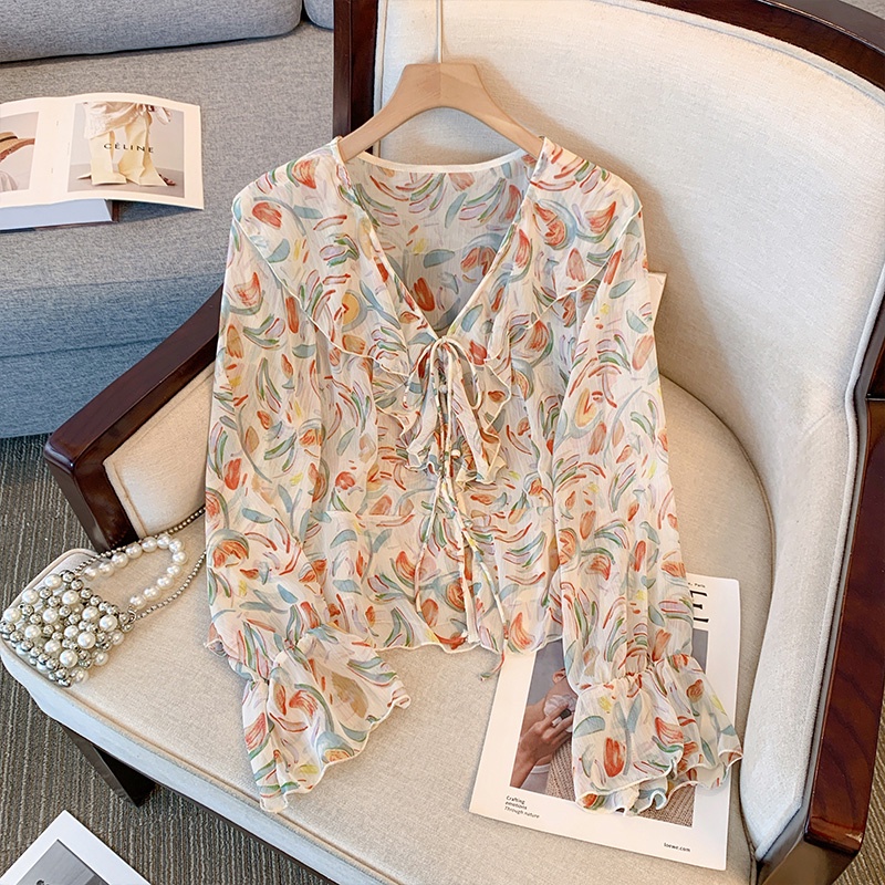 Áo Cardigan Cổ Chữ V Tay Loe Họa Tiết Hoa Thời Trang Mùa Hè Cho Nữ
