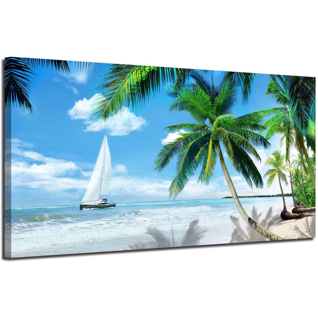 Arjun Canvas Nghệ Thuật Treo Tường Cây Cọ Nhiệt Đới Bãi Biển Hình Tranh Đại Dương Xanh Hiện Đại Phon