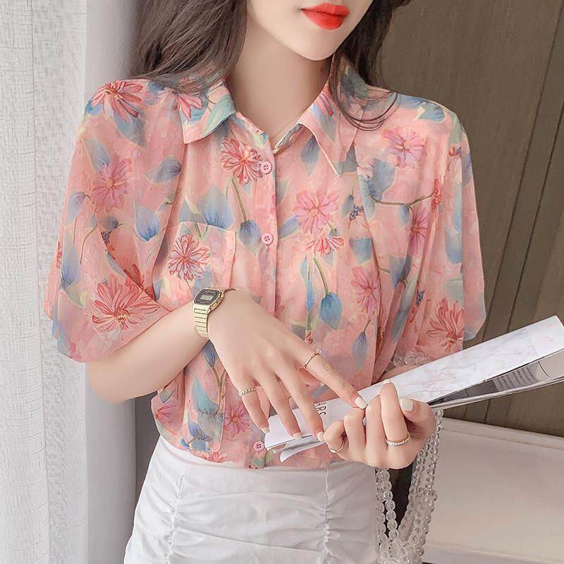 Áo Sơ Mi Chiffon Ngắn Tay Họa Tiết Hoa Phong Cách Hàn Quốc Thời Trang Mùa Hè Cho Nữ