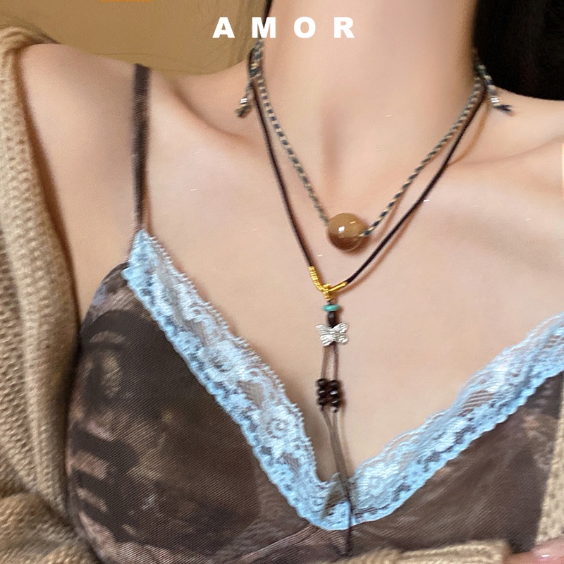 Vòng Cổ Hai Lớp Mặt Bướm Mã Não Thiết Kế Mới Thời Trang Theo Phong Cách Trung Hoa