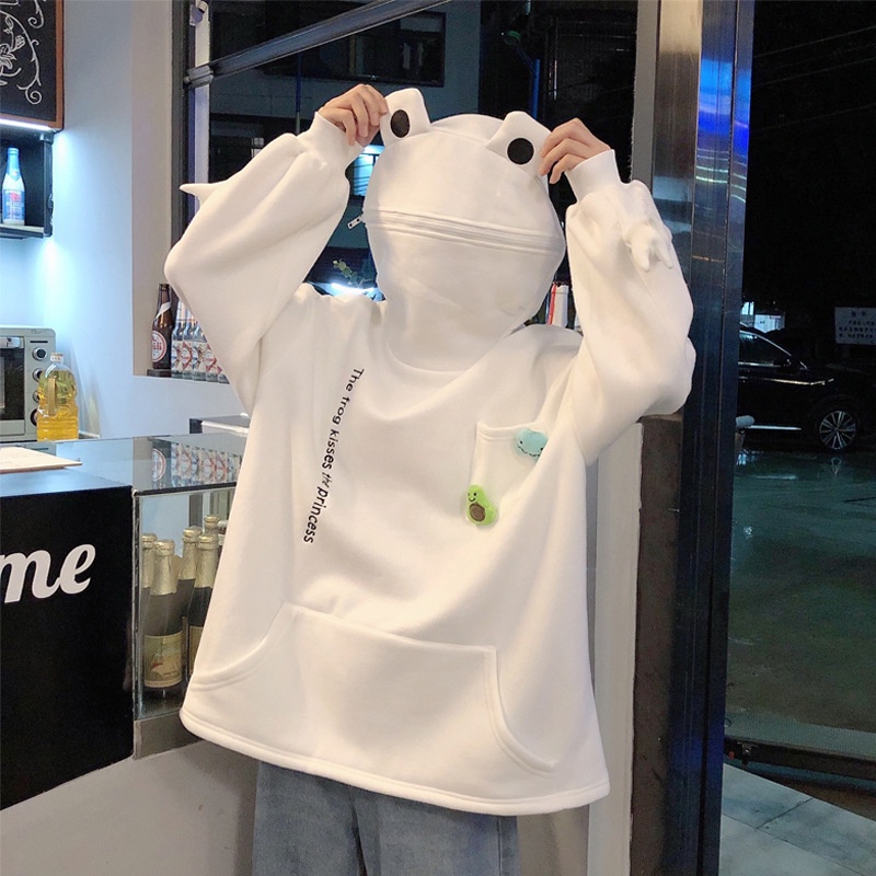 Áo Khoác Sweater Chui Đầu Phối Nhung Dày Dáng Rộng In Hình Ếch Thời Trang Thu Đông Mới Cho Cặp Đôi