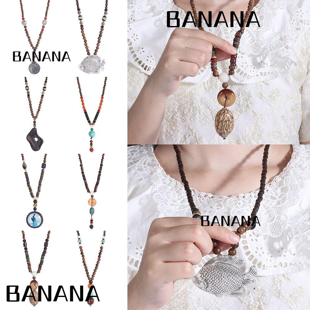 BANANA Boho Horn Fish Pendant Festival Buddhist Nepal Necklace Party Lucky Gift Ethnic Jewelry Handmade Vintage Mala Wood Bead