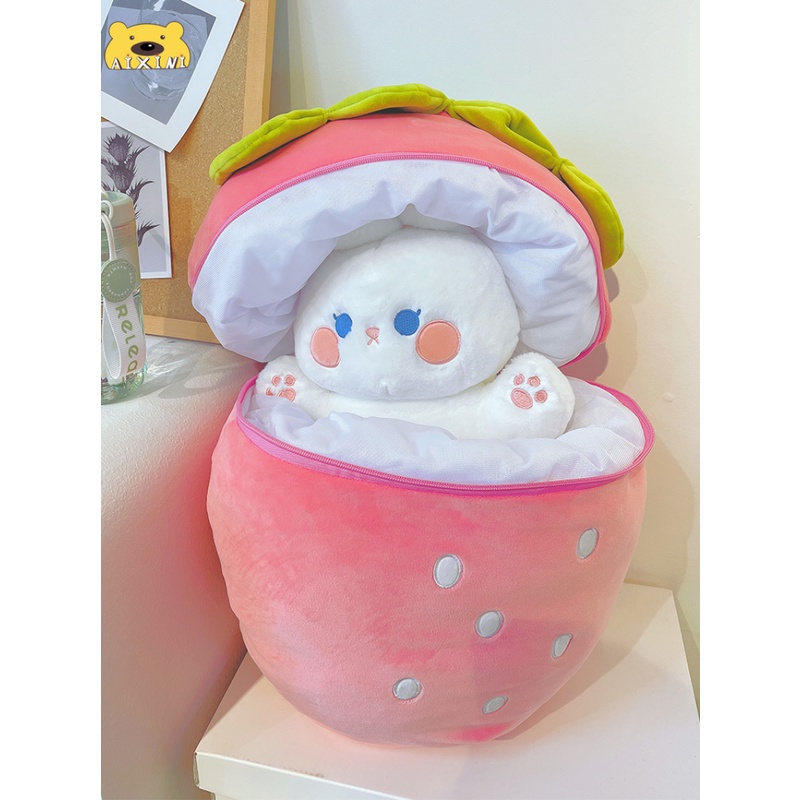 🔥Có Sẵn🔥2 Trong 1Thỏ dâu Gấu Bông con thỏ Cosplay 2 Màu - Bunny Bông Cao Cấp Gấu Bông Thú Nhồi Bông Hình Thỏ dâu Và Cà Rốt Sáng Tạo Cho Bé