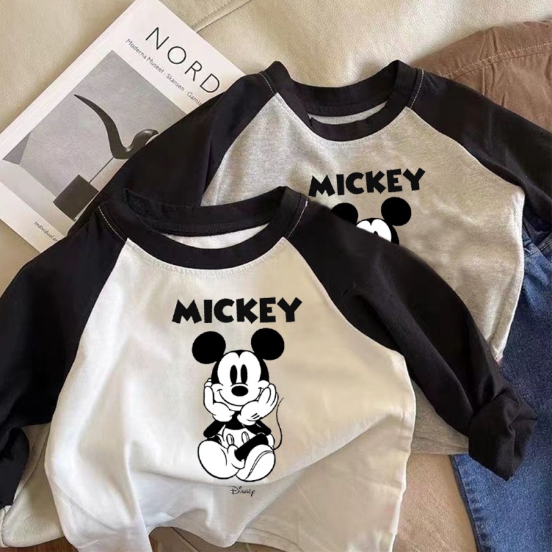 Áo phông cotton xịn  bông tinh khiết áo dài tay bé gái áo sơ mi hoạt hình in dài raglan tay áo trẻ em mặc