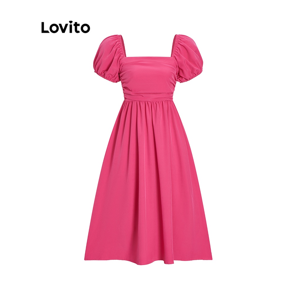 Đầm dạ hội Lovito phong cách Boho màu trơn xếp nếp tay phồng dành cho nữ L54ED091 (Hot hồng)