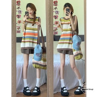 Bộ Áo Dệt Kim Sát Nách Kẻ Sọc + Chân Váy Xếp Ly Lưng Cao Thời Trang Mùa Hè Hàn Quốc Cho Nữ