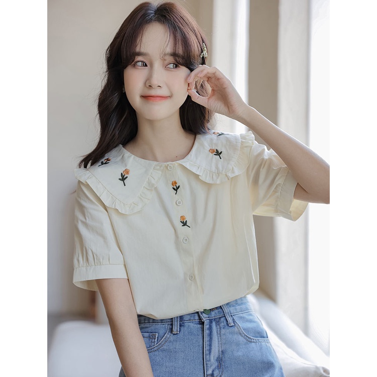 Búp bê cổ bong bóng tay áo thêu cho phụ nữ Pháp Vintage College Wind Top