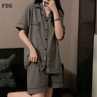 Bộ đồ ngủ FDS gồm quần short và áo ngắn tay họa tiết sọc ngọt ngào phong cách Hàn Quốc thời trang mùa hè dành cho nữ