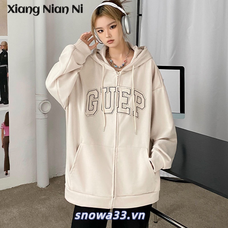 Áo khoác hoodie XIANG NIAN NI lông cừu dày dáng rộng tay dài phong cách Hàn Quốc thời trang thu đông cho học sinh