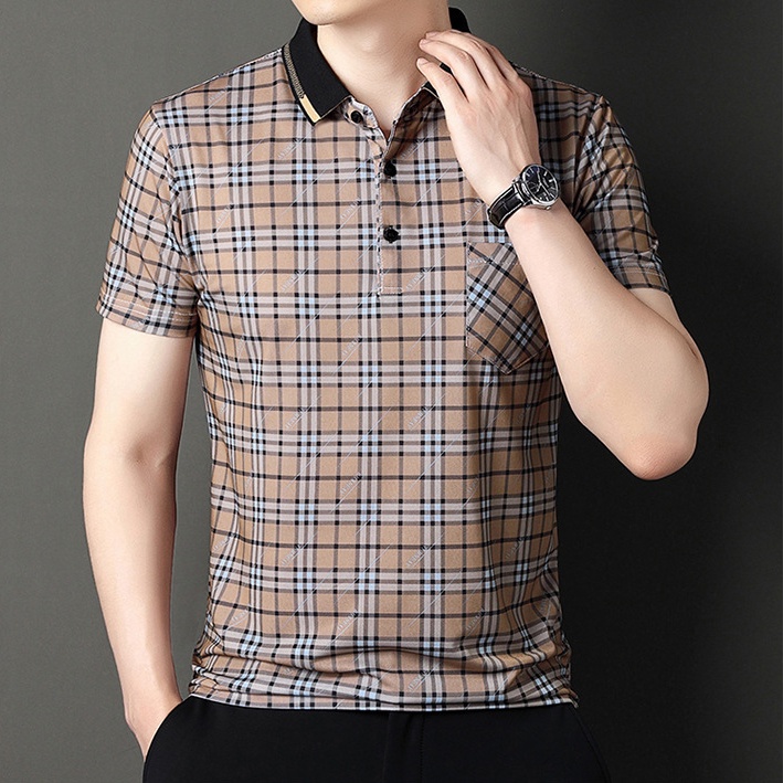 Áo Thun POLO Tay Ngắn Vải Lụa Mỏng Cỡ Lớn In Họa Tiết Kẻ Sọc Thời Trang Cho Nam Trung Niên