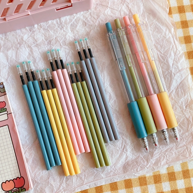 Bút Bi Bút Gel Màu Macaron Dạng Bấm Ngòi 0.5mm Mực Đen Gấu Mon