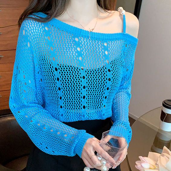 Áo Dệt Kim Tay Dài Hở Vai Thời Trang Mùa Thu 2023 Phong Cách Mới Quyến Rũ Cho Nữ