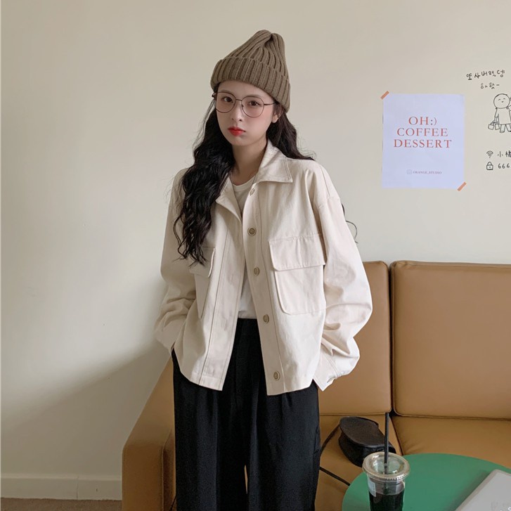 Áo khoác kaki nữ dài tay dáng rộng phong cách retro Hàn Quốc MA074 Pinkee