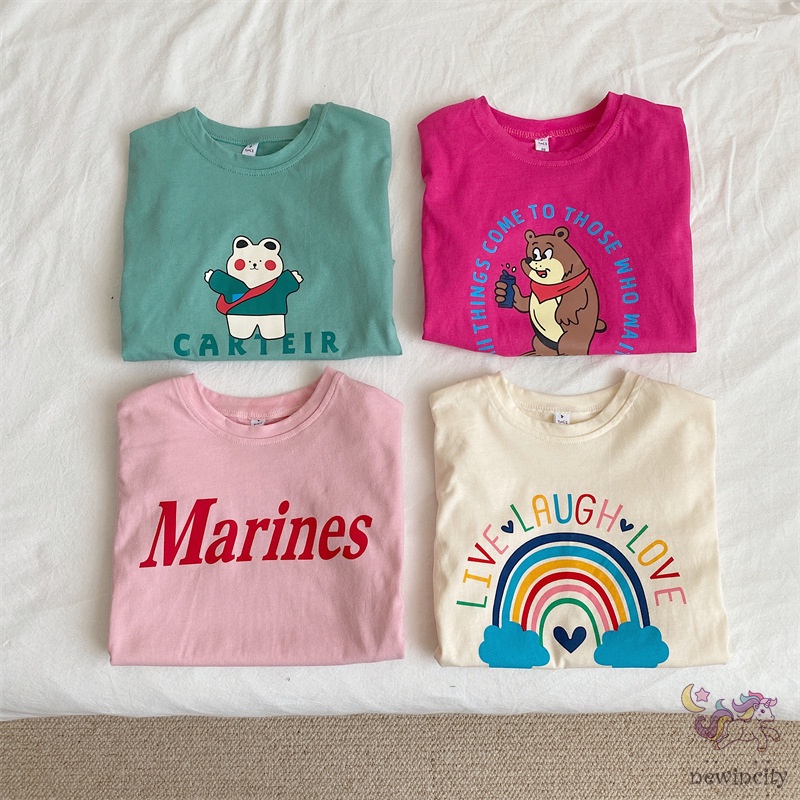 Trẻ em hàn quốc cô gái phim hoạt hình cầu vồng in áo t-shirt ngắn tay