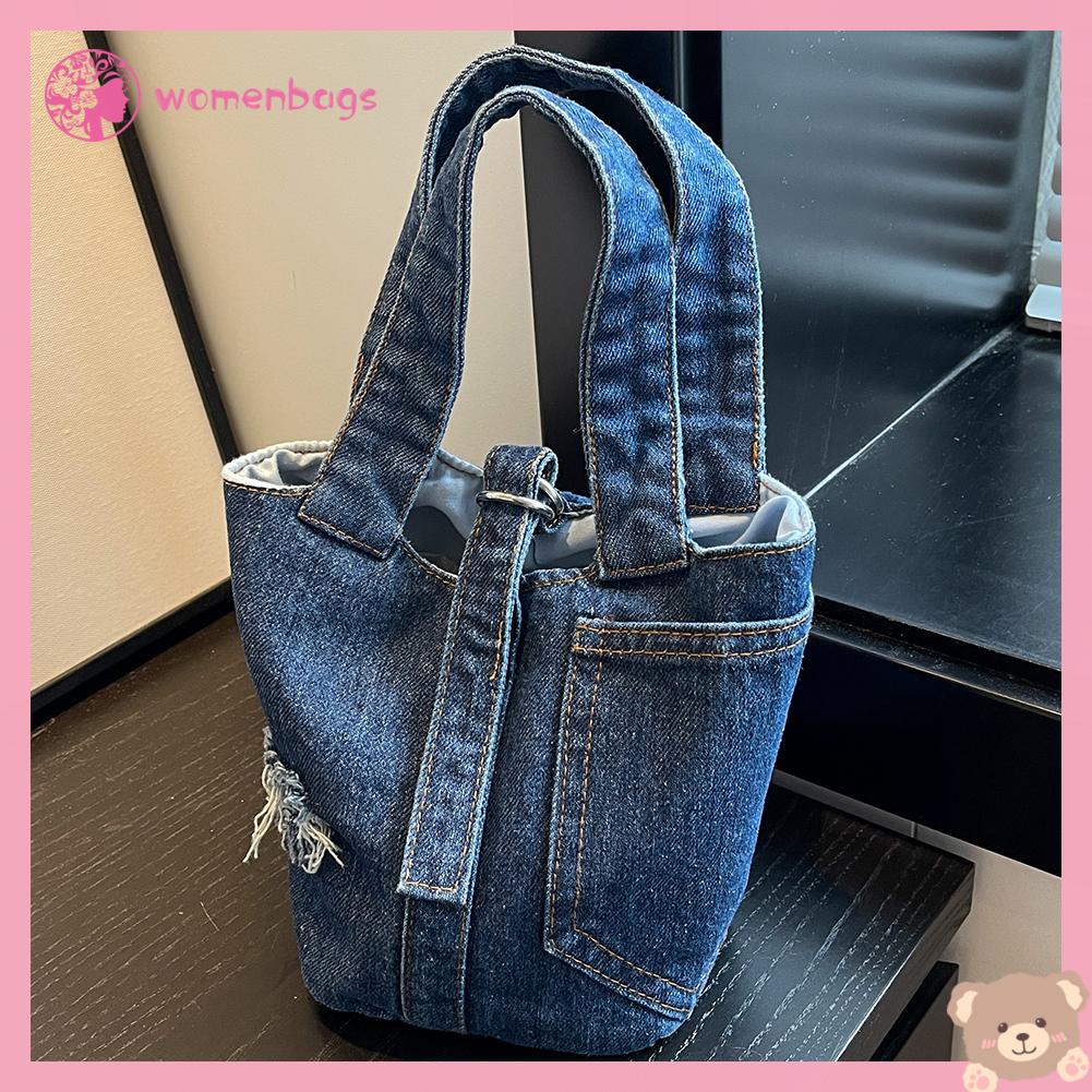 ✿ Wb ✿ Phụ nữ bucket bag patchwork denim street handbag vintage handle handbag túi xách màu sắc đơn giản túi đeo vai cho bữa tiệc ngày mua sắm cho phụ nữ