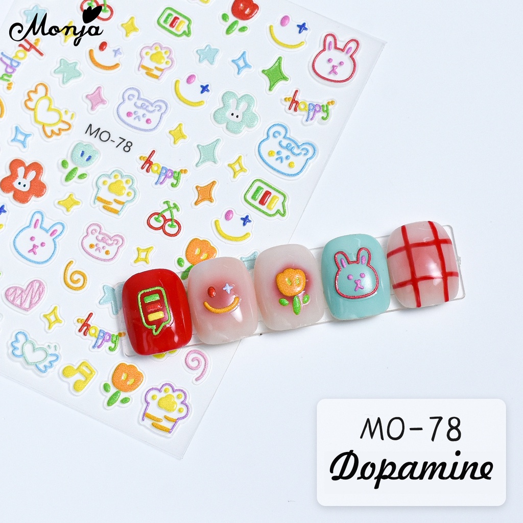 Hình dán móng dopamine MONJA tự dính họa tiết hoạt hình nổi 5D 6 kiểu dáng dễ thương trang trí nghệ thuật