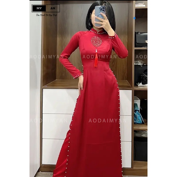 Aó dài cô dâu lụa vân gỗ 2 tà cao cấp, duyên dáng hot trend 2023-AD11