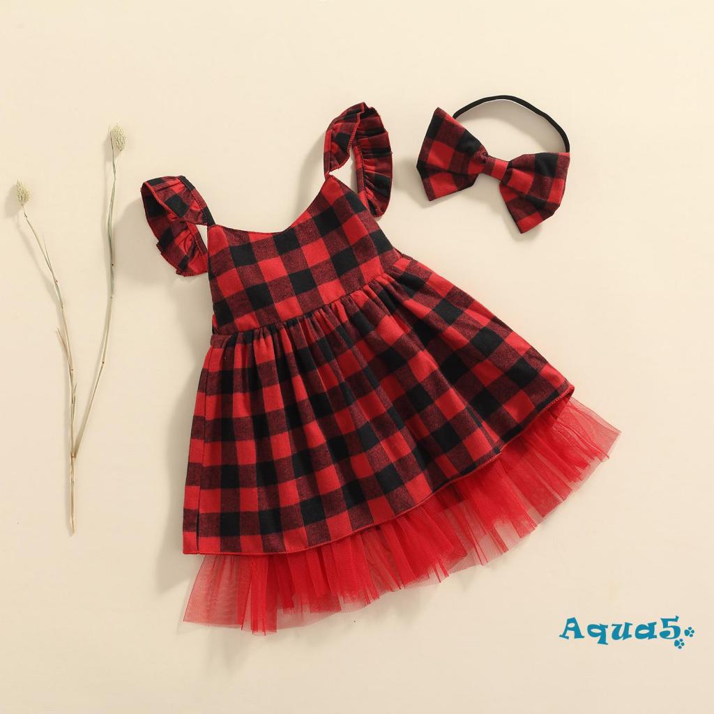 Aqua- set Đầm Không Tay In Họa Tiết Sọc Caro Đỏ Và Băng Đô Cài Tóc Cho Bé Gái