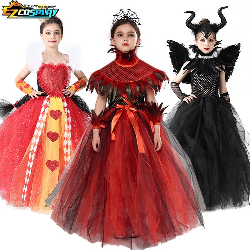 Trẻ em halloween cosplay queen of hearts maleficent gothic demon vampire spider witch dress cho girl