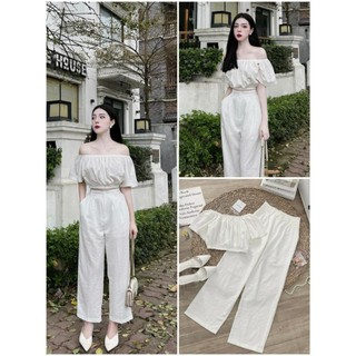 Set đũi nữ đi biển trắng quần dài áo sơ mi cao cấp BY JOLIE