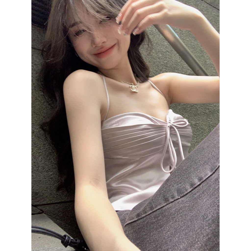 「Nonfatgirl」Áo Hai Dây satin Ngắn Sát Nách Màu Bạc Sáng Sang Trọng Nóng Bỏng Cho Nữ